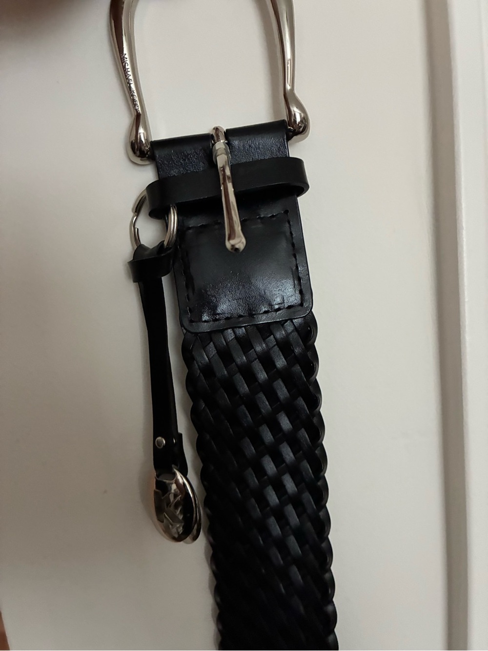 Michael Kors Collection Black Braided Leather Belt with Silver Hardware